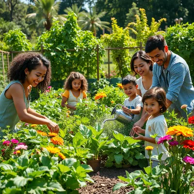 Community members working together in a vibrant green community garden